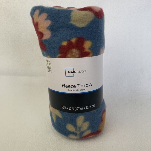 Floral Blue Fleece Throw Blanket 50" x 60"  New Main Stays Cozy - Picture 1 of 5